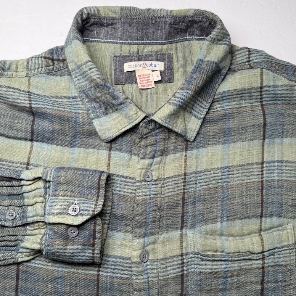 Carbon 2 Cobalt Gauze Shirt Mens Large Green Plaid Cotton Long Sleeve Casual